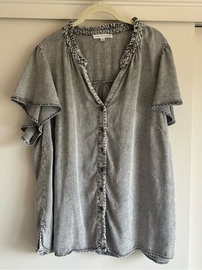 Washed Gray Oversized Boxy Fit Button-Front Flutter Sleeve Top 2X